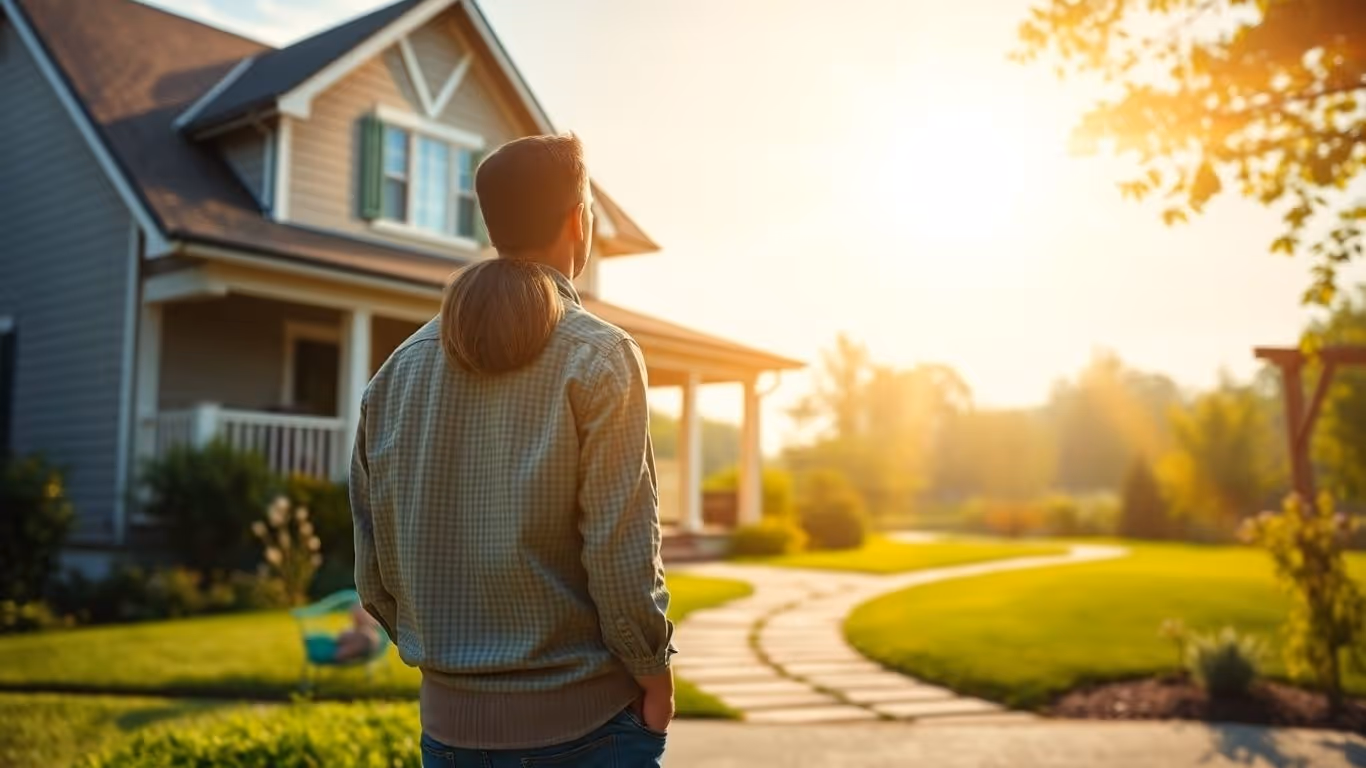 Couple contemplating future home plans near their house.
