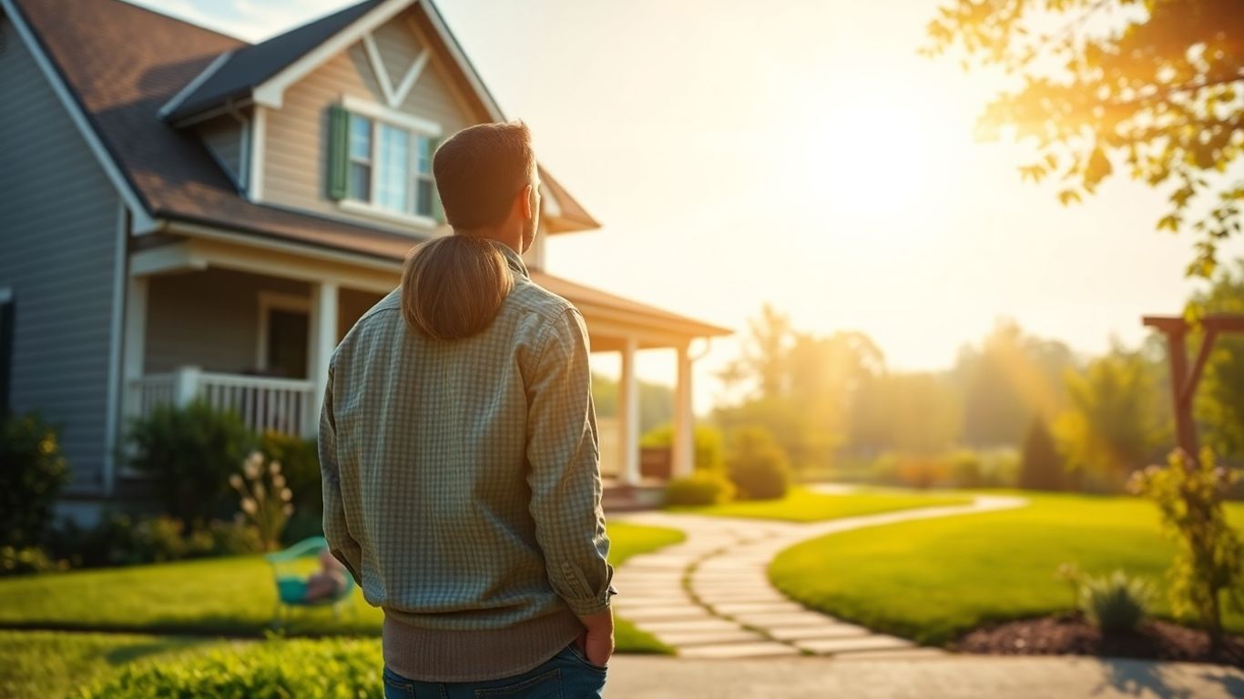 Couple contemplating future home plans near their house.