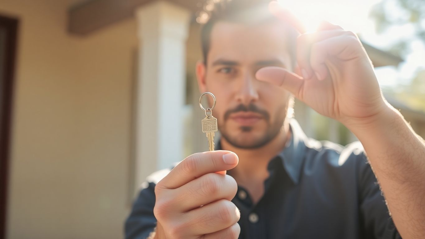 Person holding house key, considering mortgage refinance.