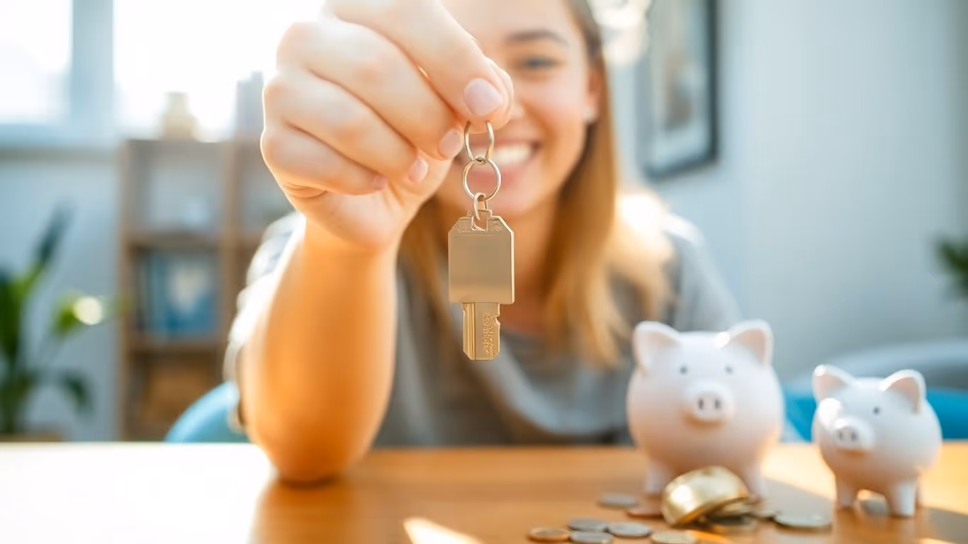 Person holding house key, coins, and piggy bank.