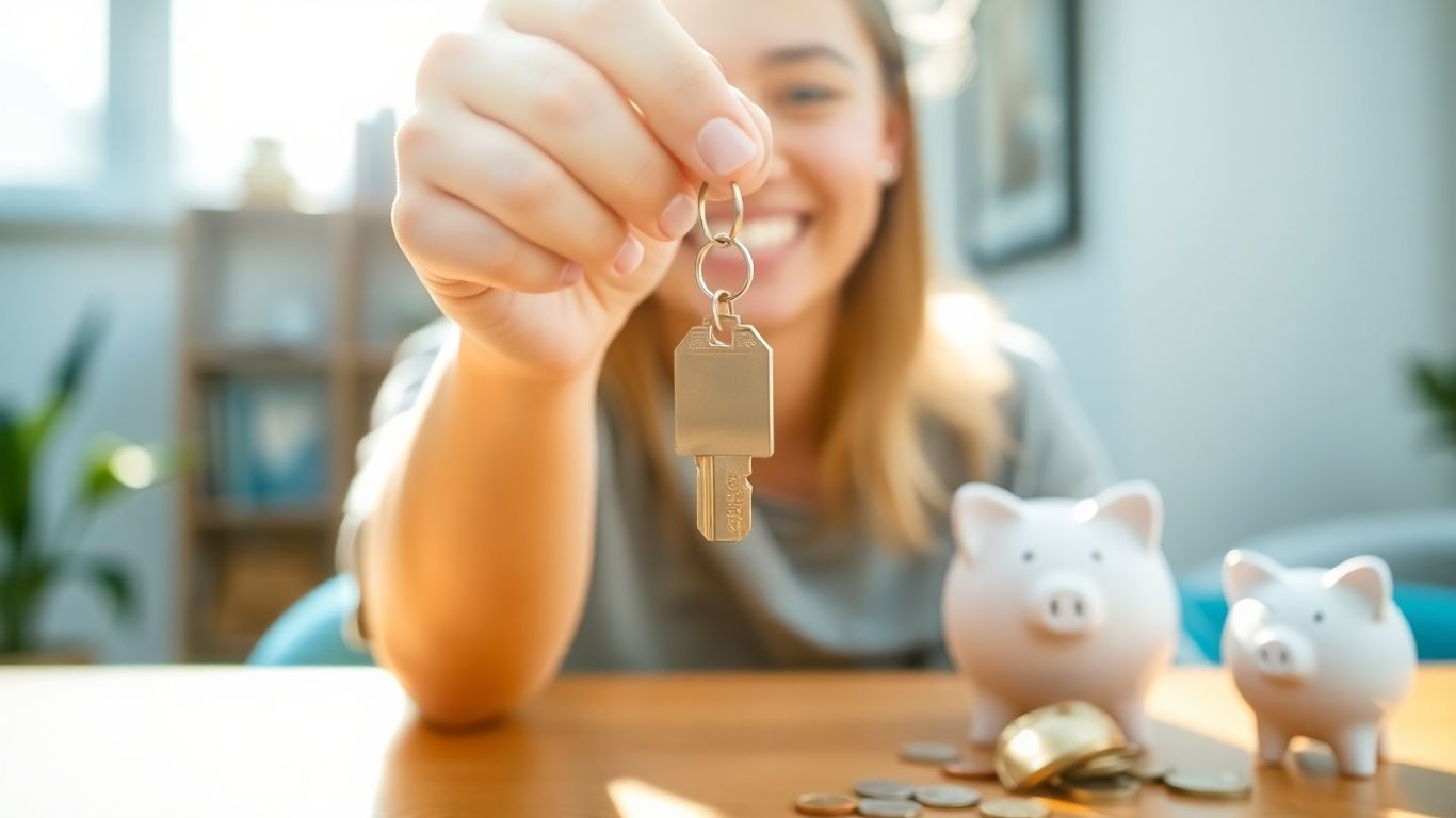 Person holding house key, coins, and piggy bank.
