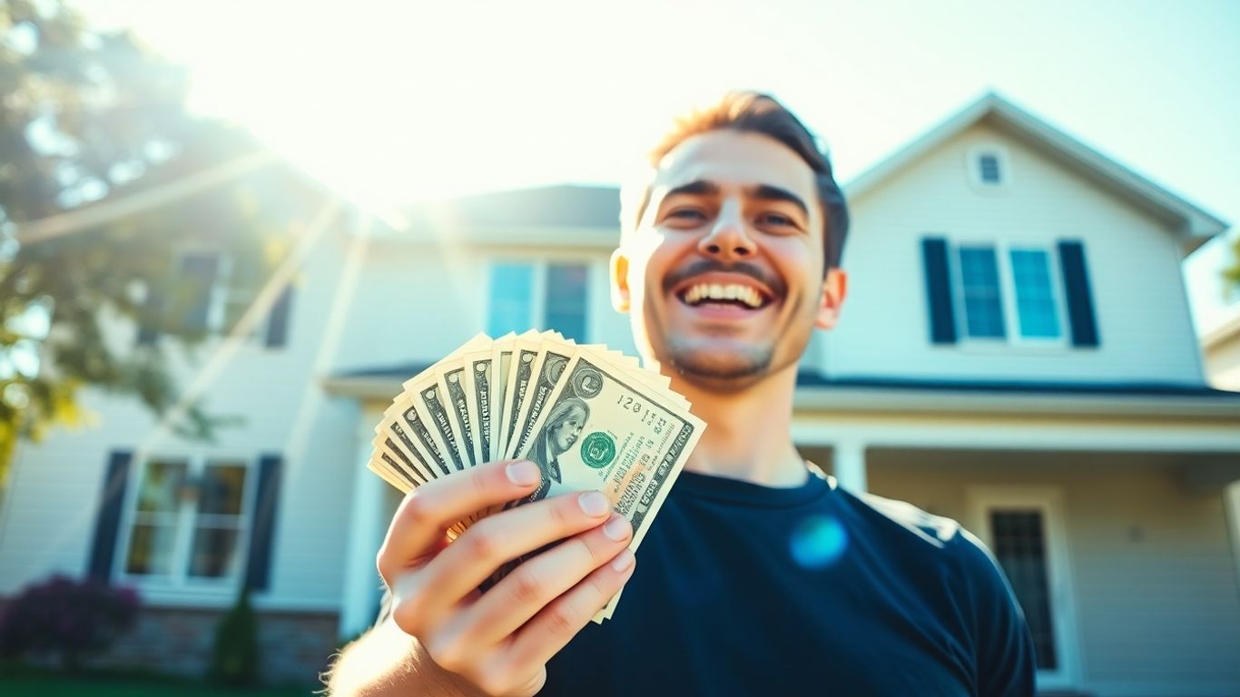 Person holding money with house in background