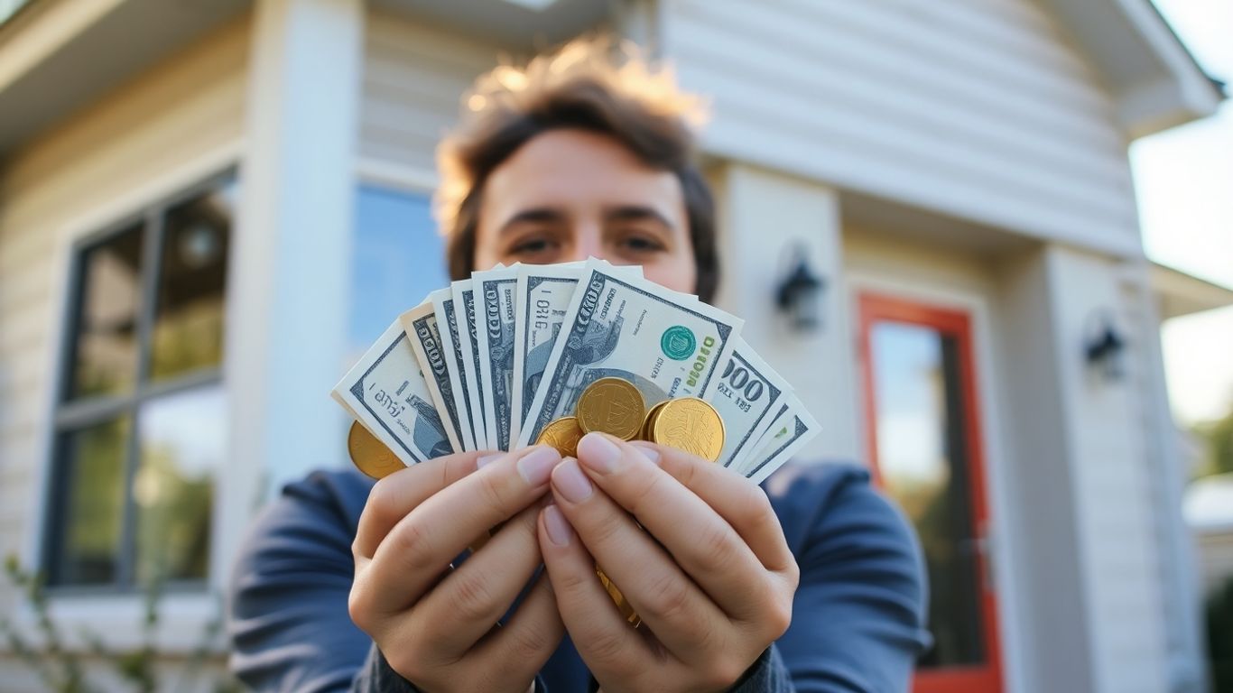 Person holding money with house in background