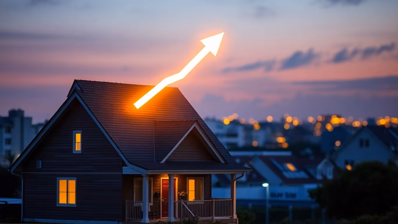 House with upward financial growth arrow.