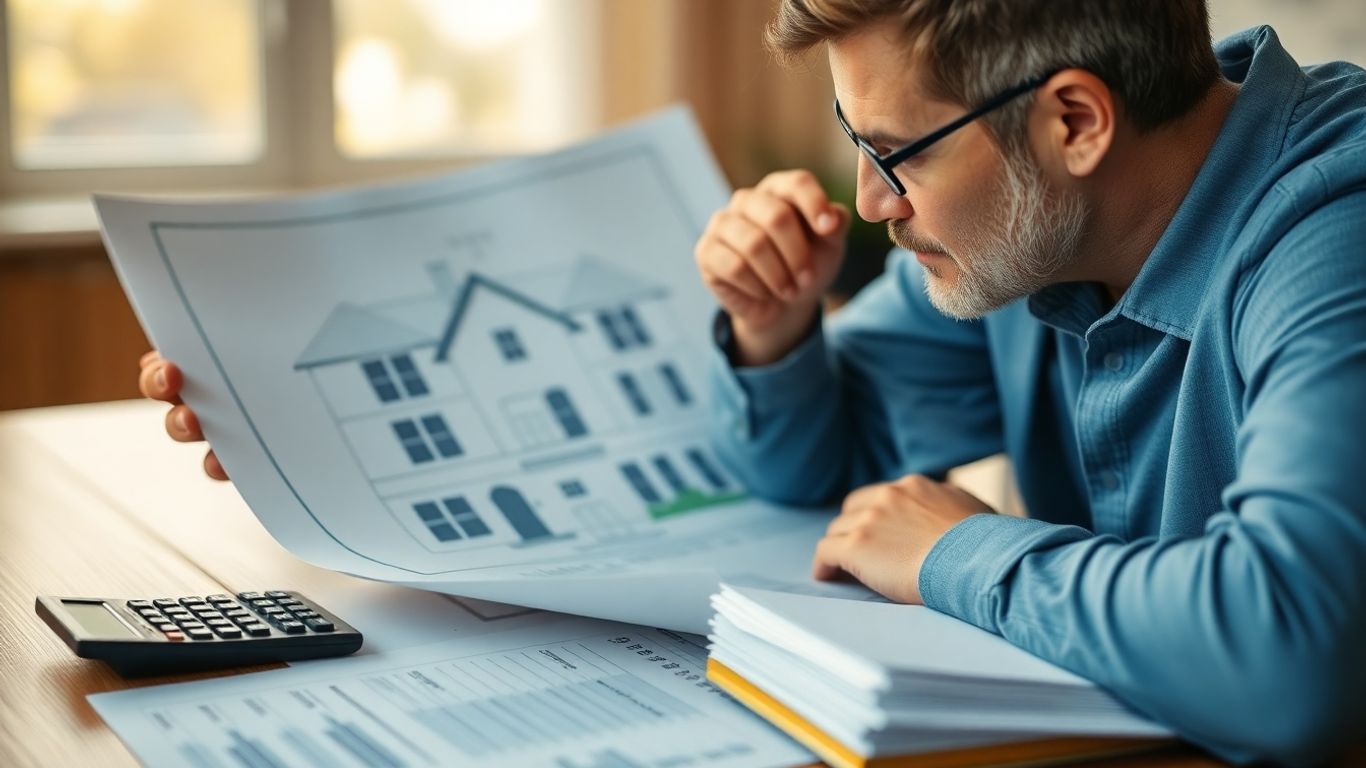 Homeowner reviewing financial documents and blueprints.
