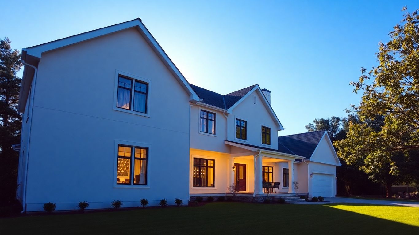 Modern house exterior with sunny sky.