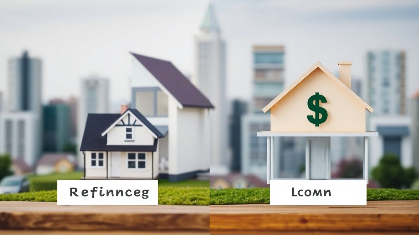 House with refinance and loan icons.