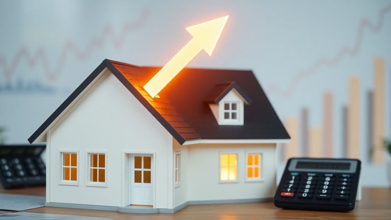 House with upward financial growth arrow.