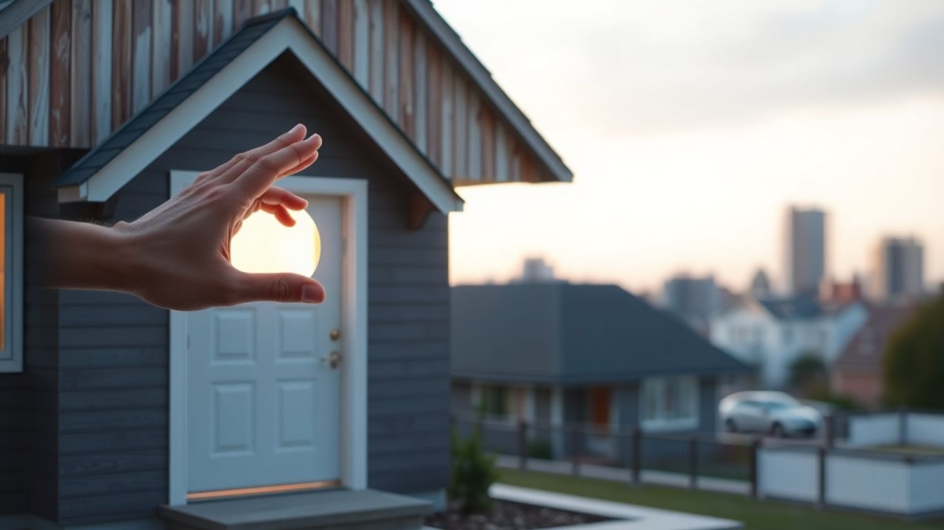 House with glowing keyhole and reaching hand.