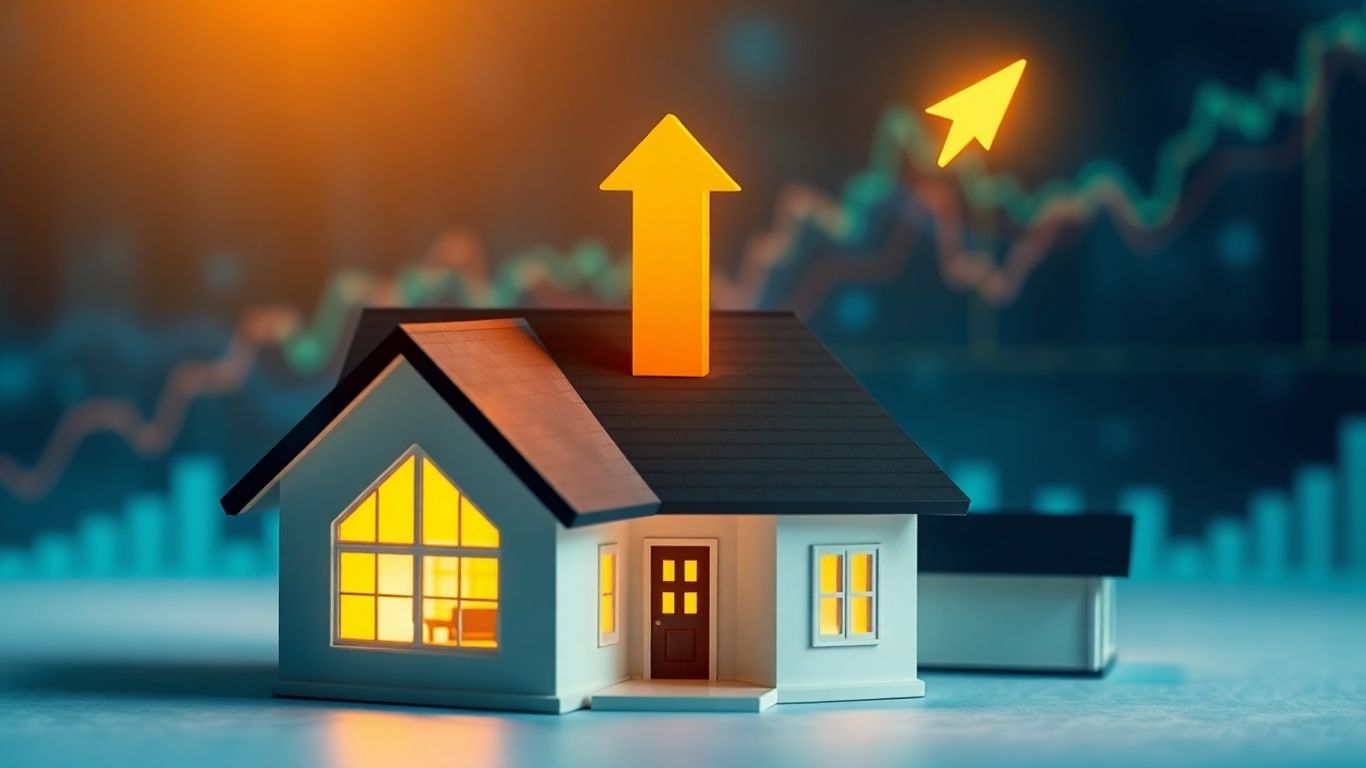 House with upward financial growth arrow.