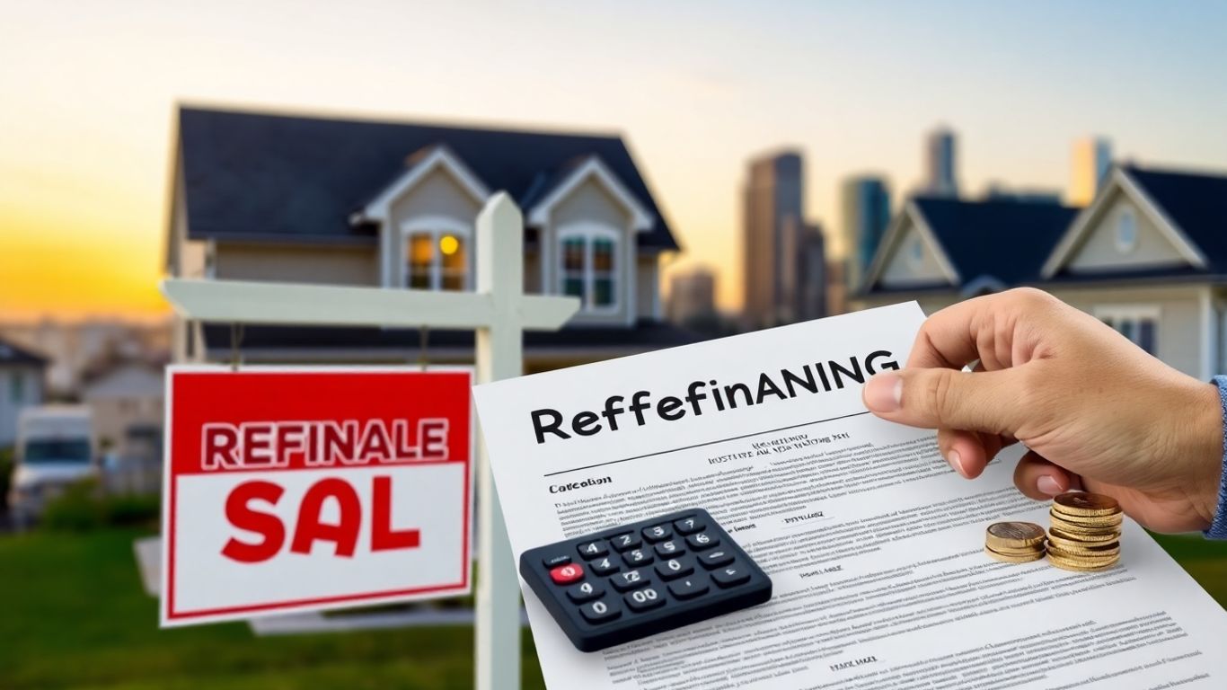 House with refinance sign and mortgage document.