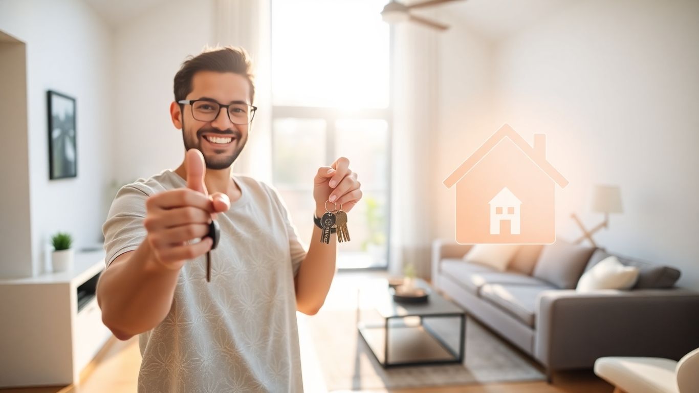 Homeowner celebrating with keys and house icon.
