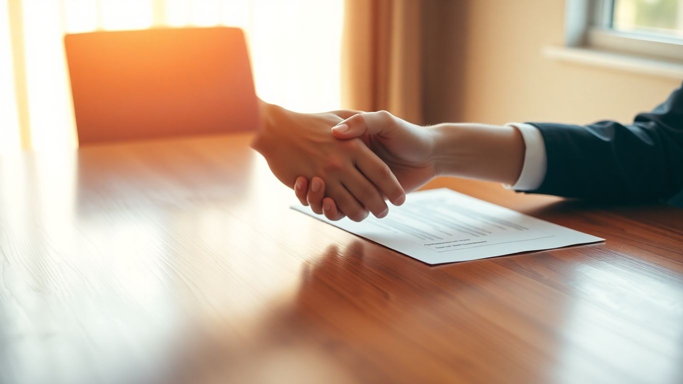 Mortgage refinance closing documents and handshake.