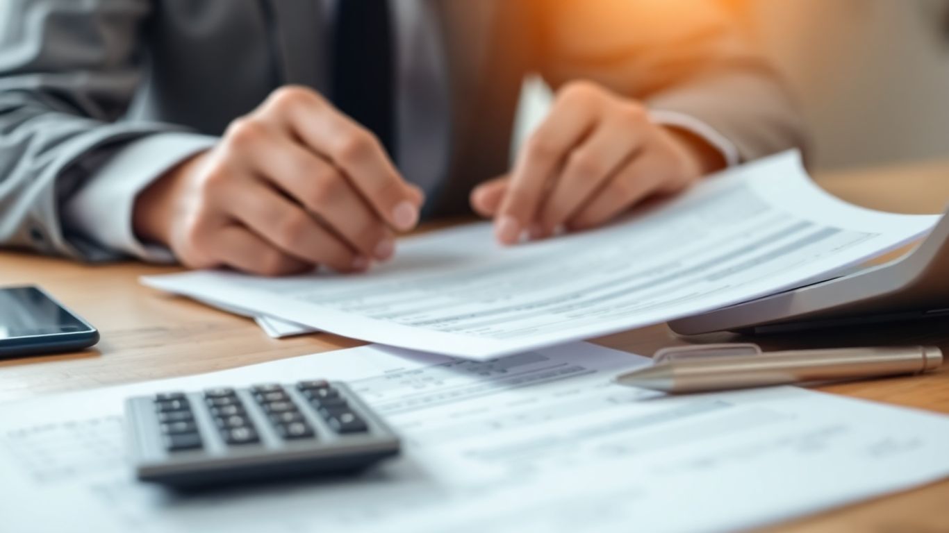 Person reviewing financial documents with calculator.