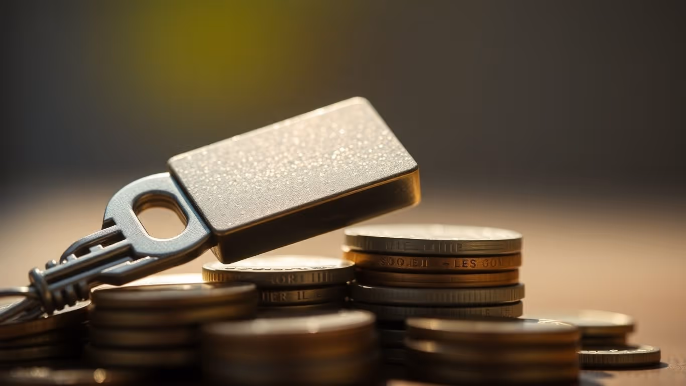 House key on coins, symbolizing mortgage savings.