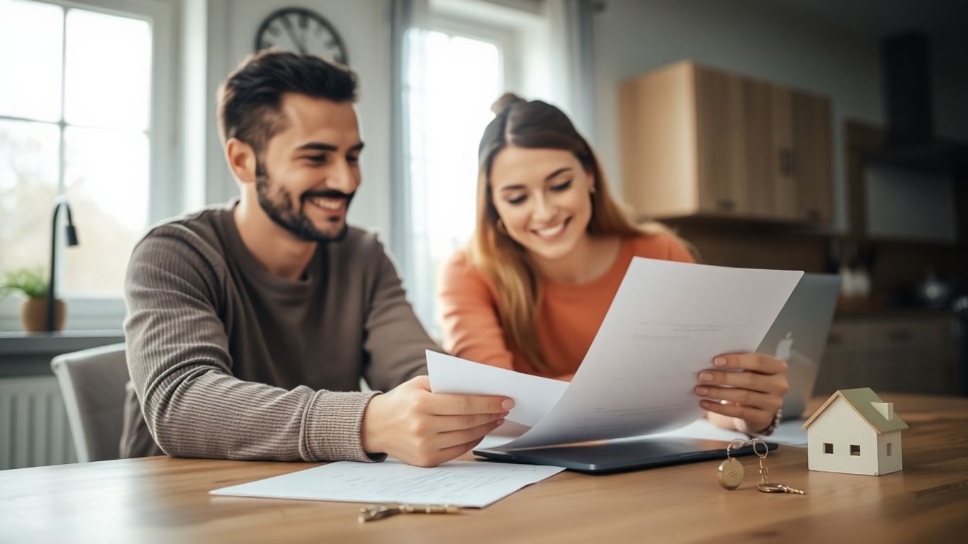 Couple reviewing mortgage refinance documents at home.