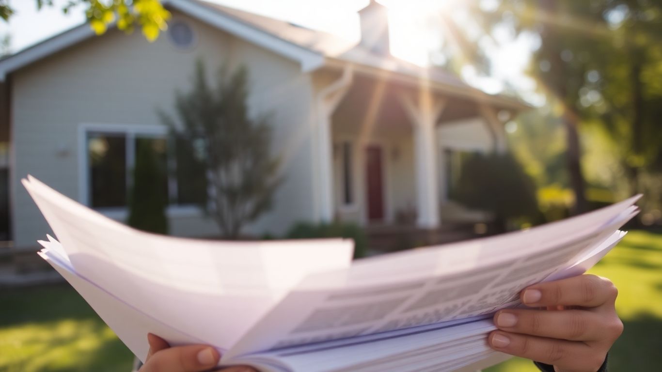 Homeowner reviewing mortgage documents with house in background.