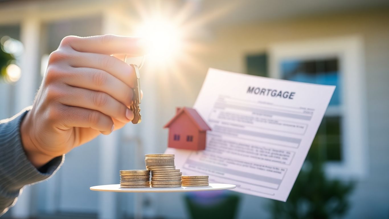 House key, coins, and mortgage document for refinance savings.