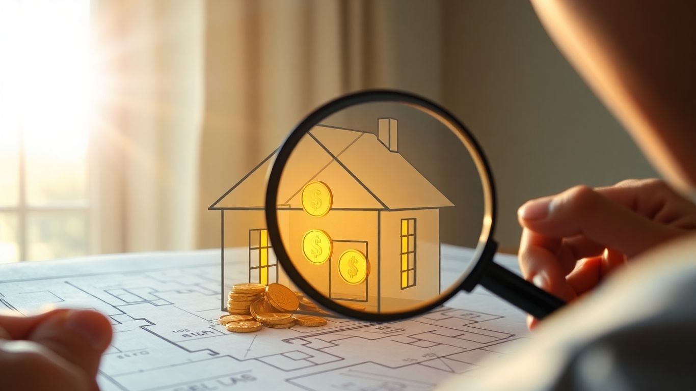 House blueprint with coins and dollar signs.