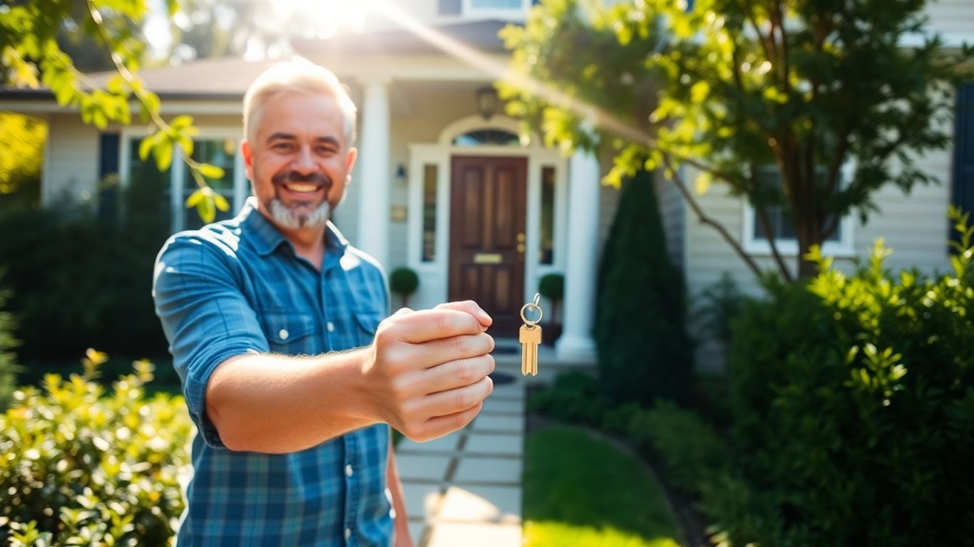 Homeowner with keys in front of house, symbolizing savings.