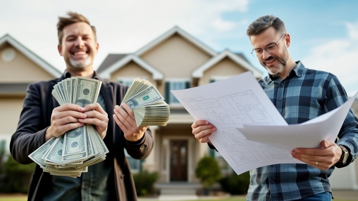 Homeowner with cash and blueprints, comparing financial options.