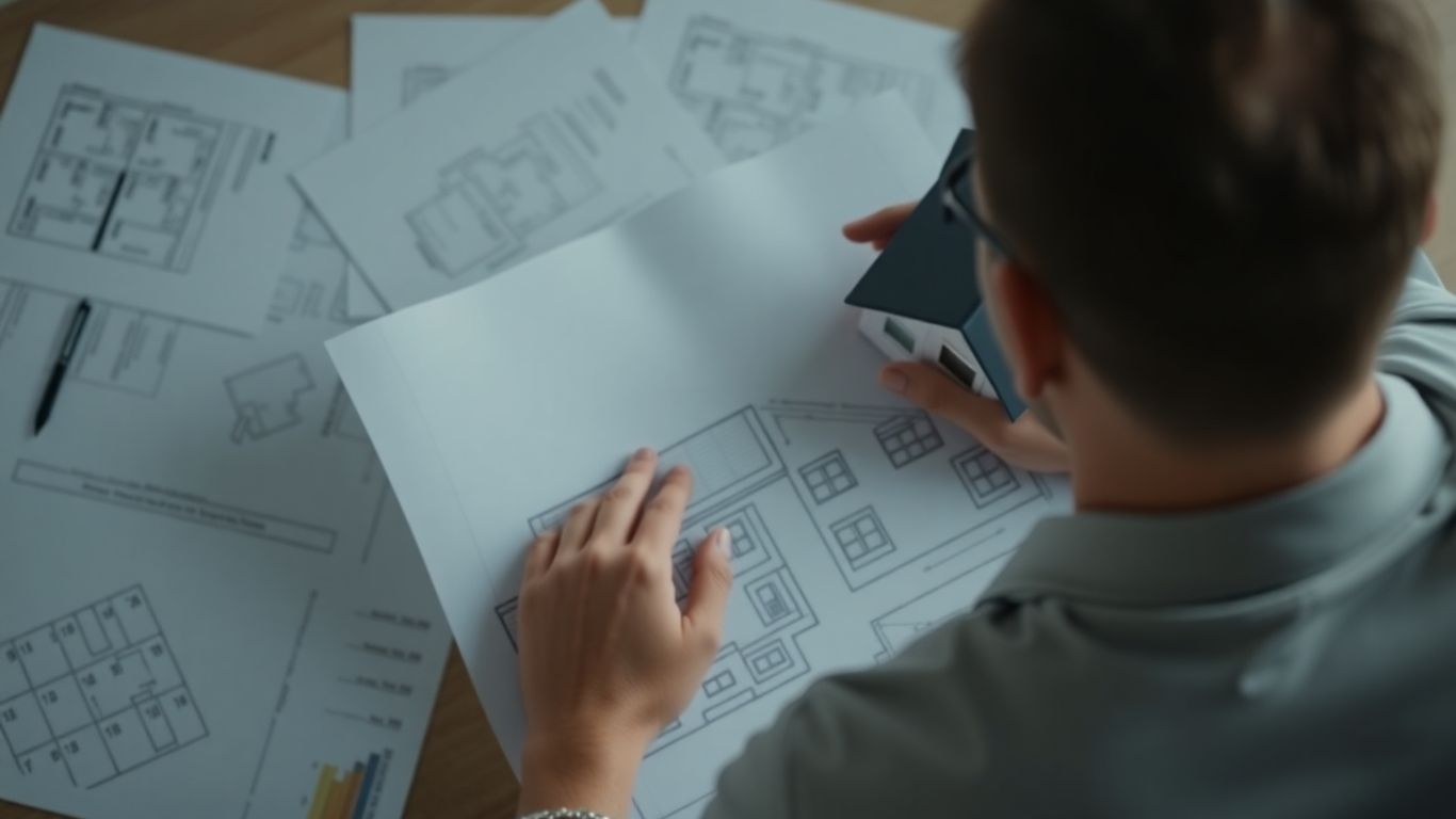 Person reviewing house plans with financial documents.