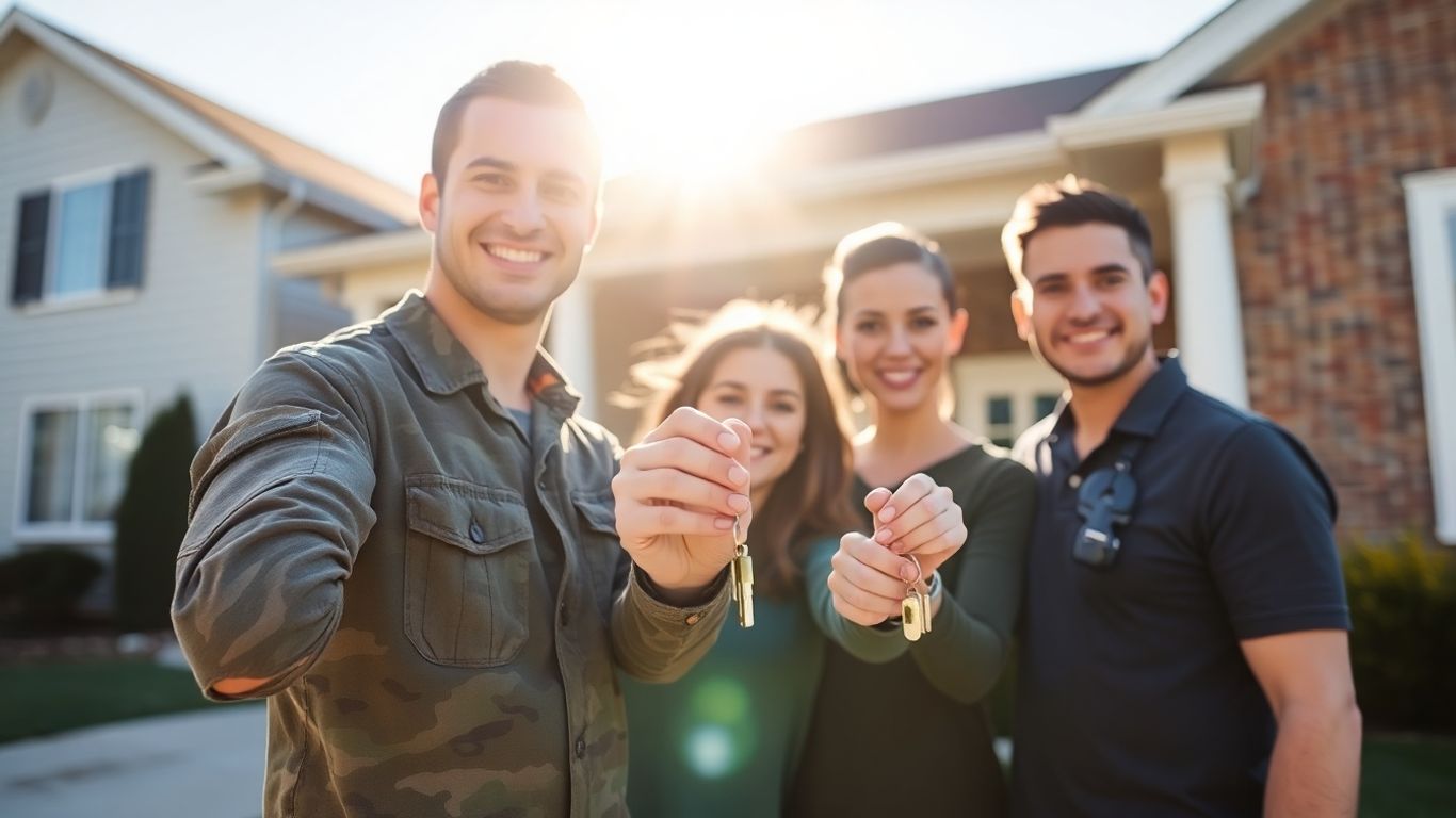 Military family happy with keys in front of house.