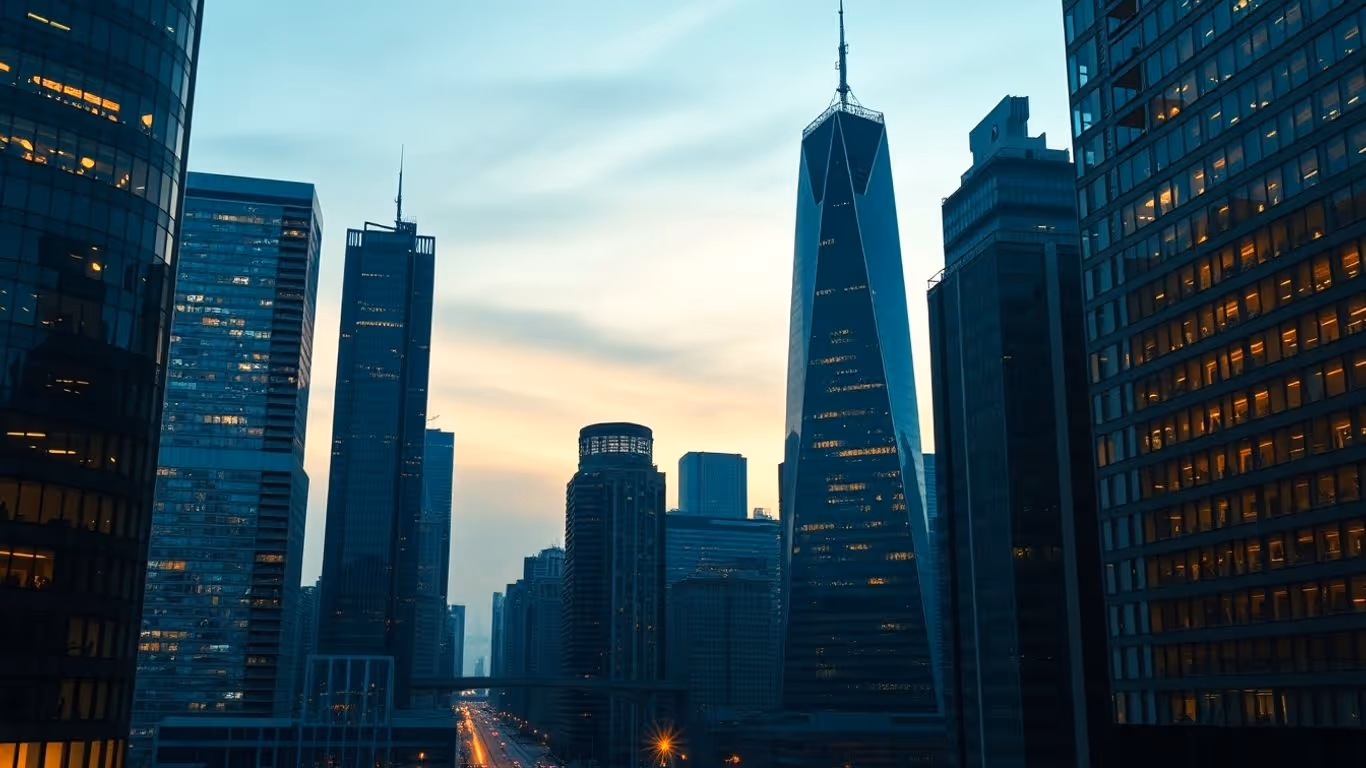 Cityscape with illuminated skyscrapers and a glowing pathway.