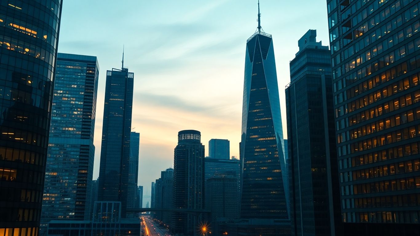 Cityscape with illuminated skyscrapers and a glowing pathway.