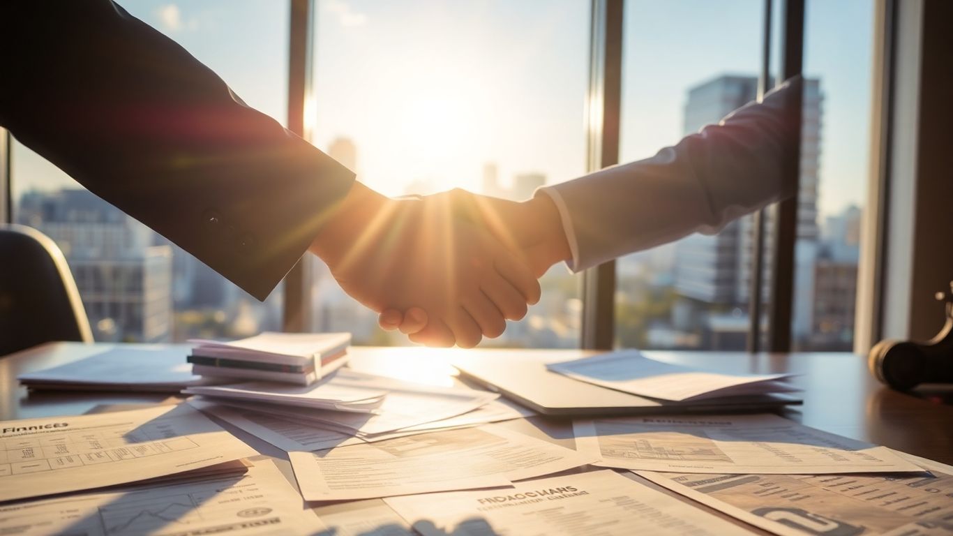 Handshake over financial documents with cityscape background.