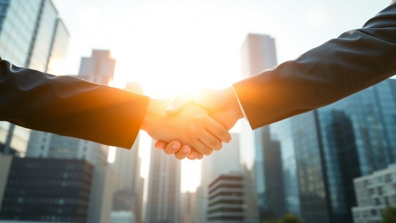 Handshake over city skyline