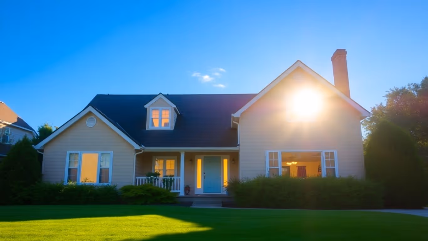 House with bright windows and green lawn.