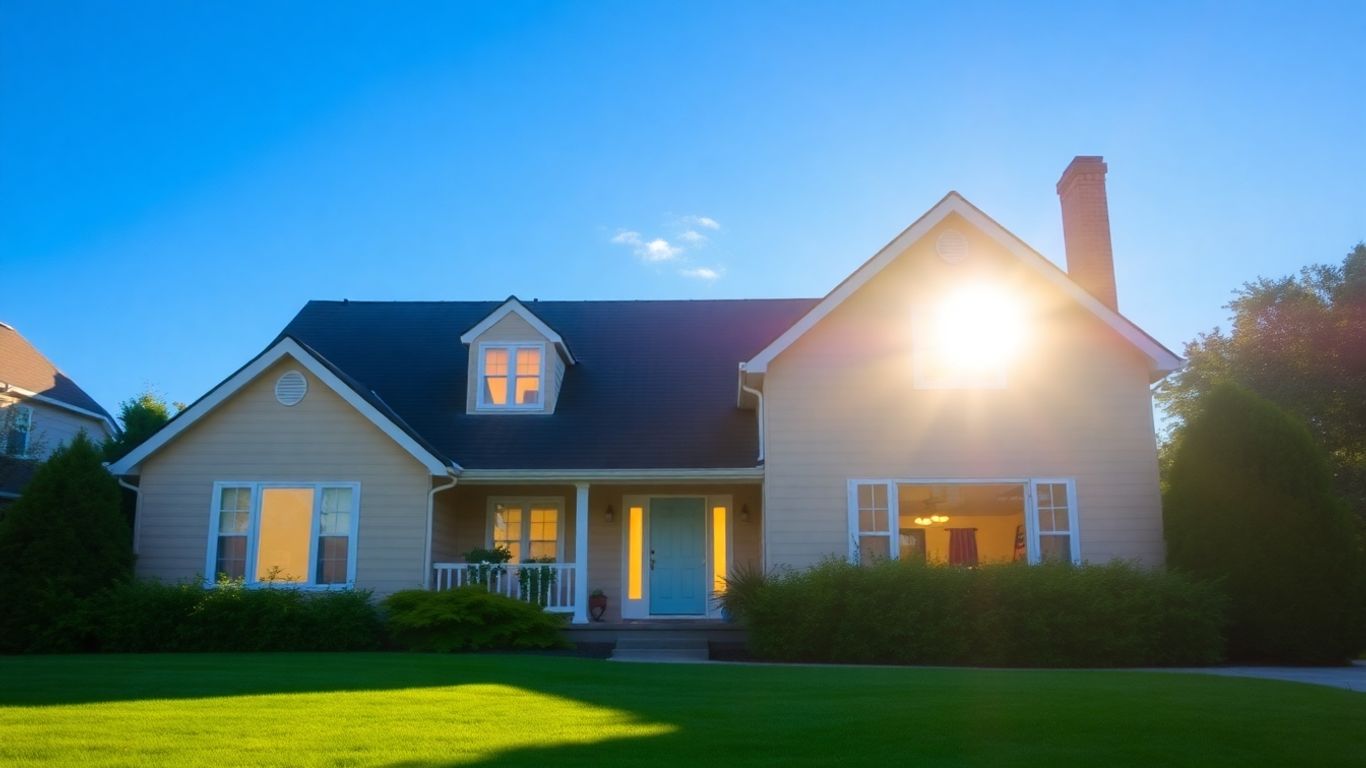 House with bright windows and green lawn.