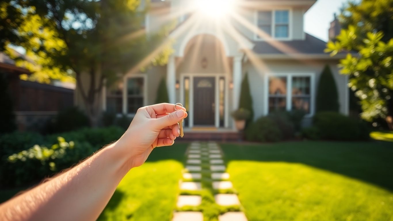 Homeowner with keys in front of house.