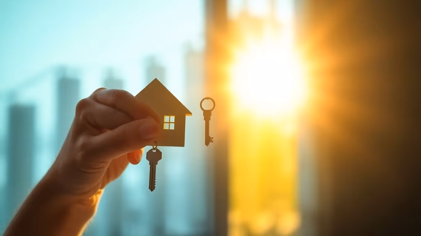 Person holding house key, financial growth, sunlight