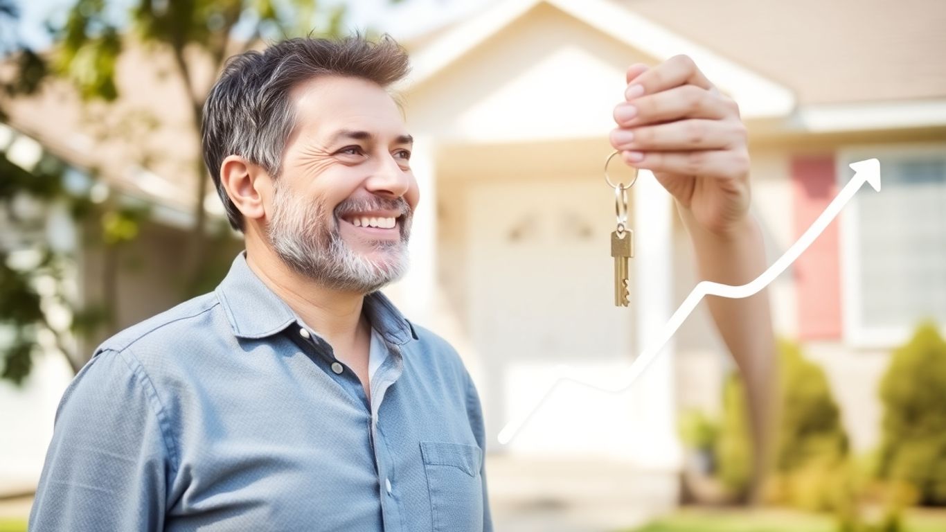 Homeowner with key, house, and downward financial trend graphic.