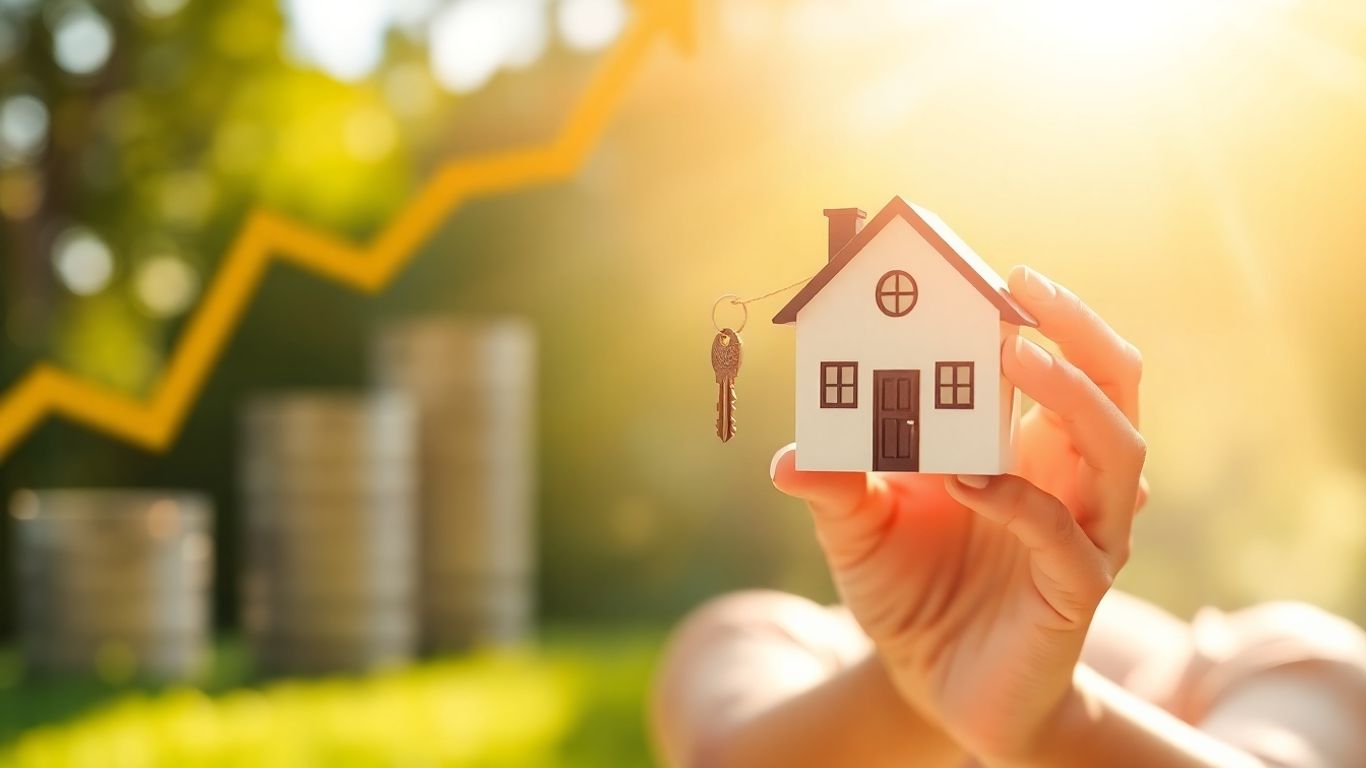 Person holding house key, financial growth background