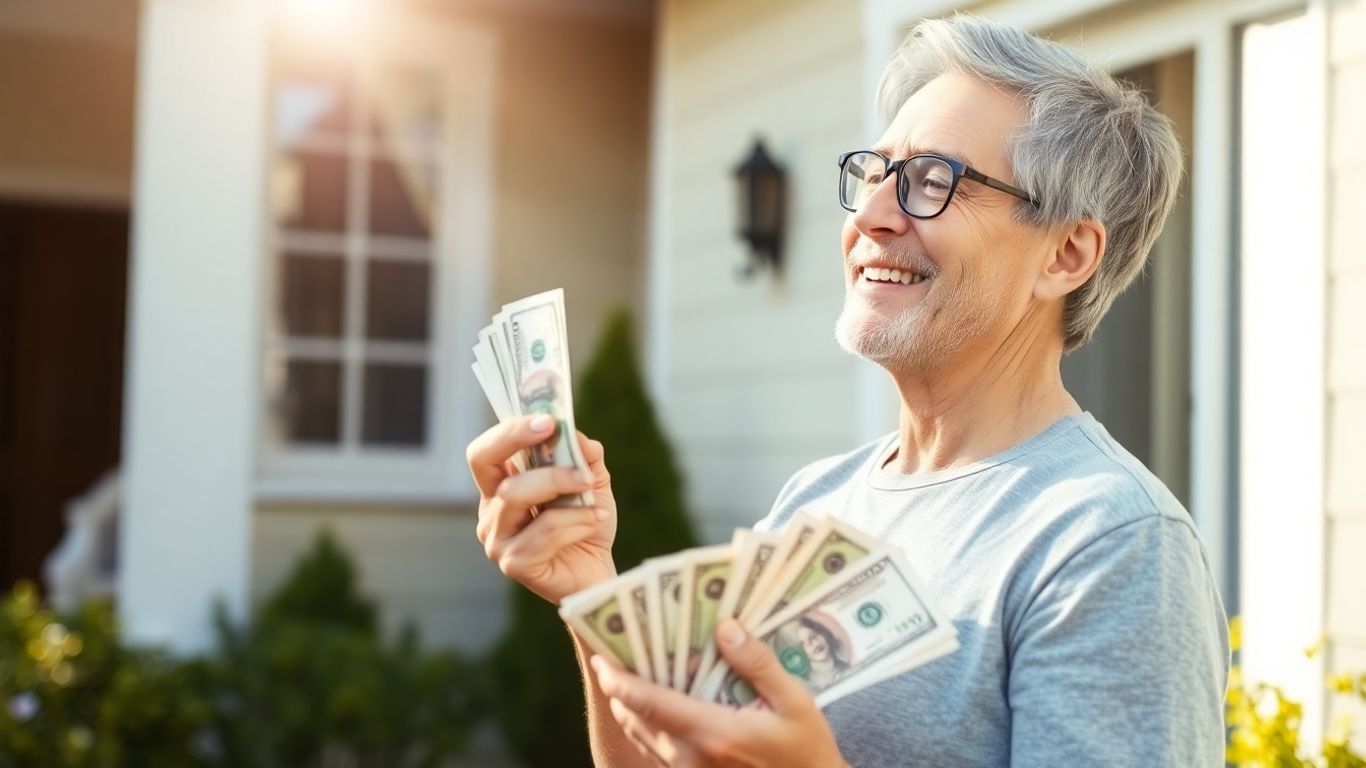 Homeowner with cash, looking at house.