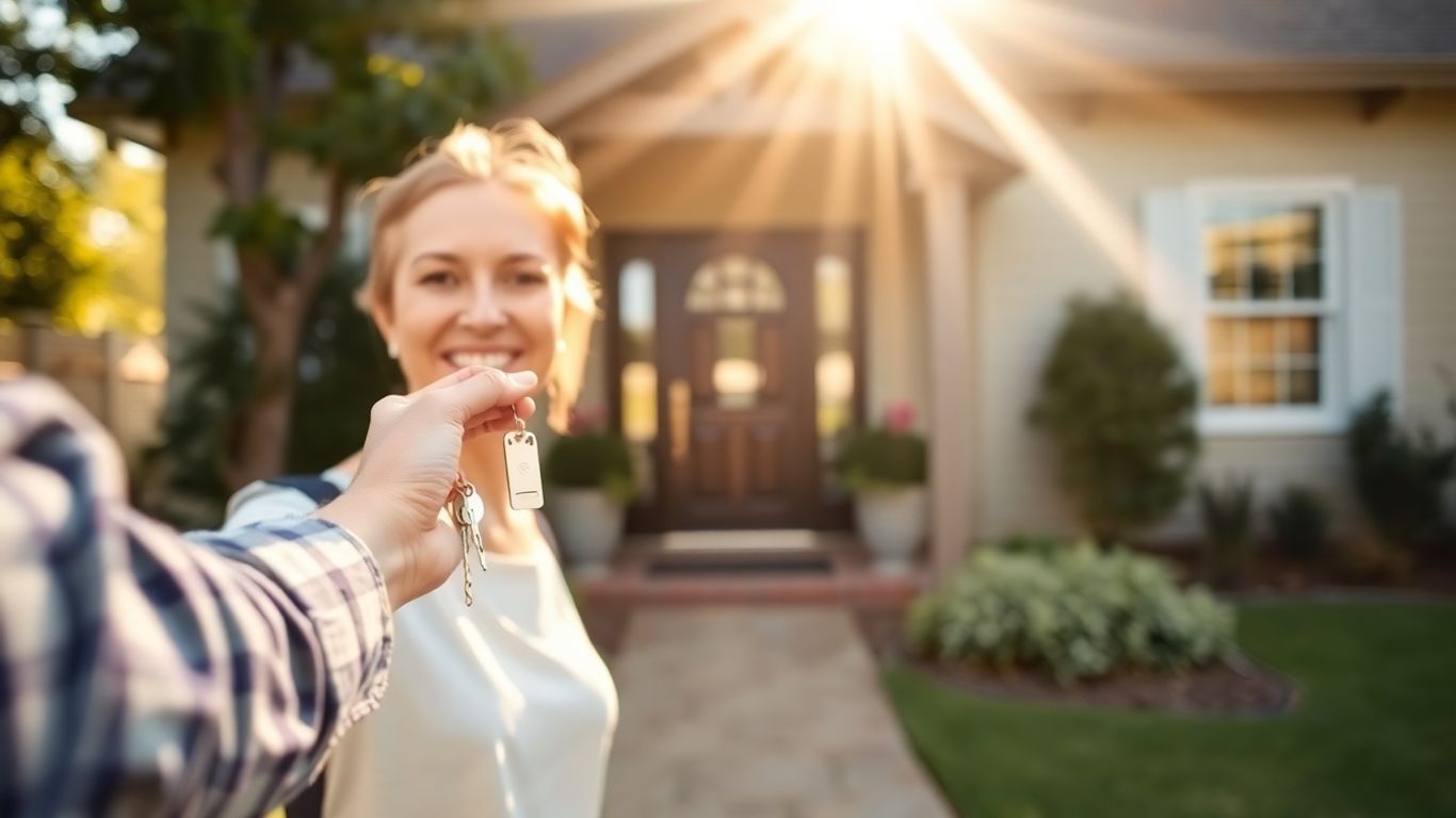 Homeowner with keys, happy about refinancing home loan.