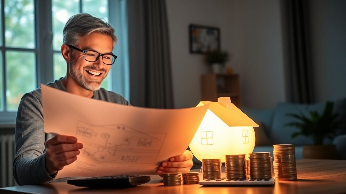 Homeowner with piggy bank and house plans.