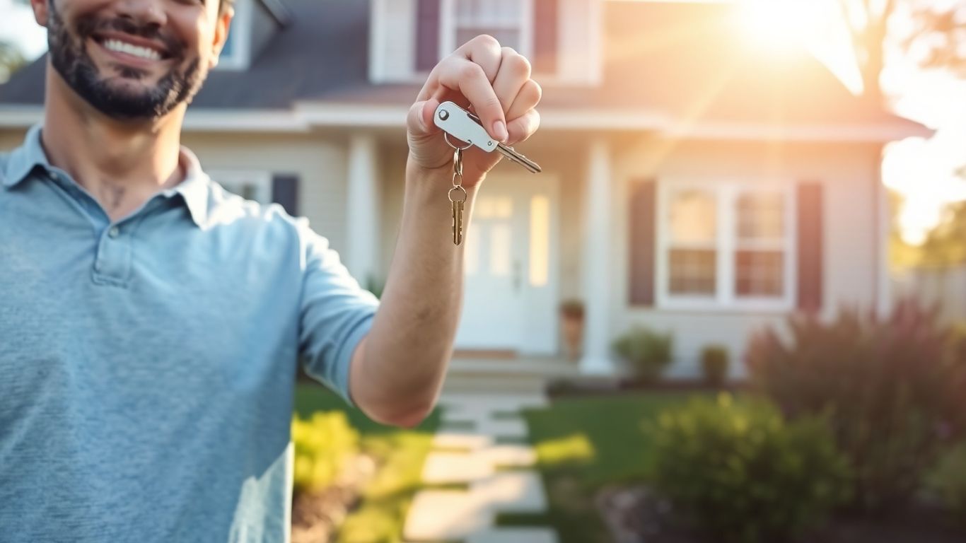 Homeowner with keys, happy about refinancing home loan.