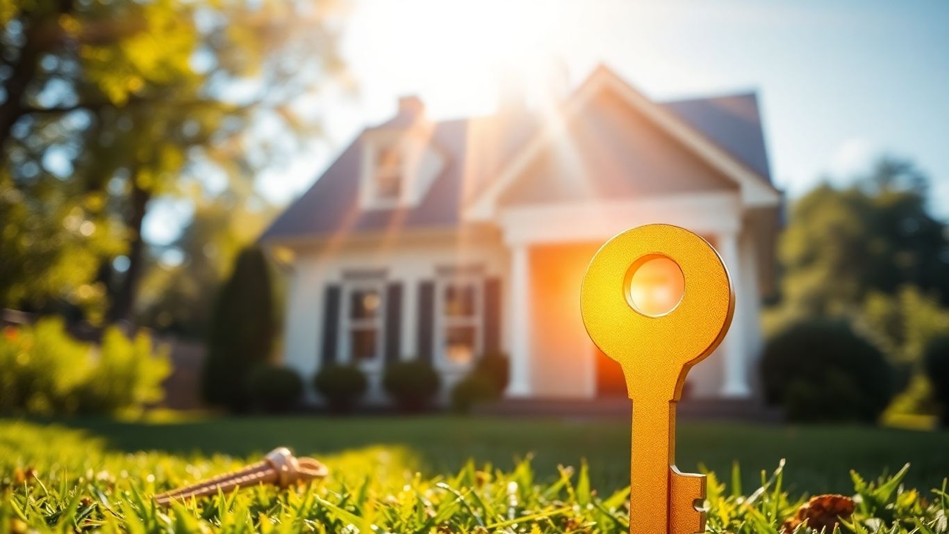 House with golden key, sunlight, financial opportunity