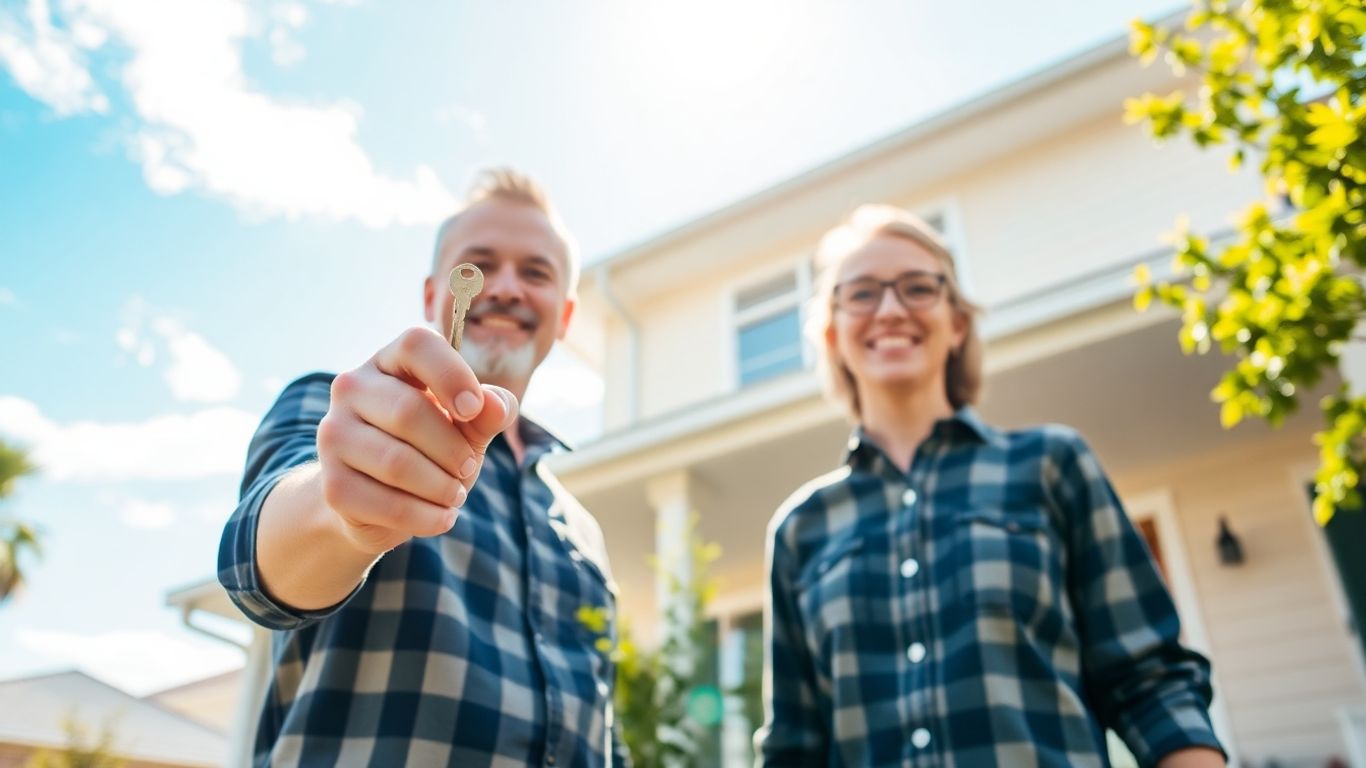 Homeowner with key, happy about mortgage refinance.