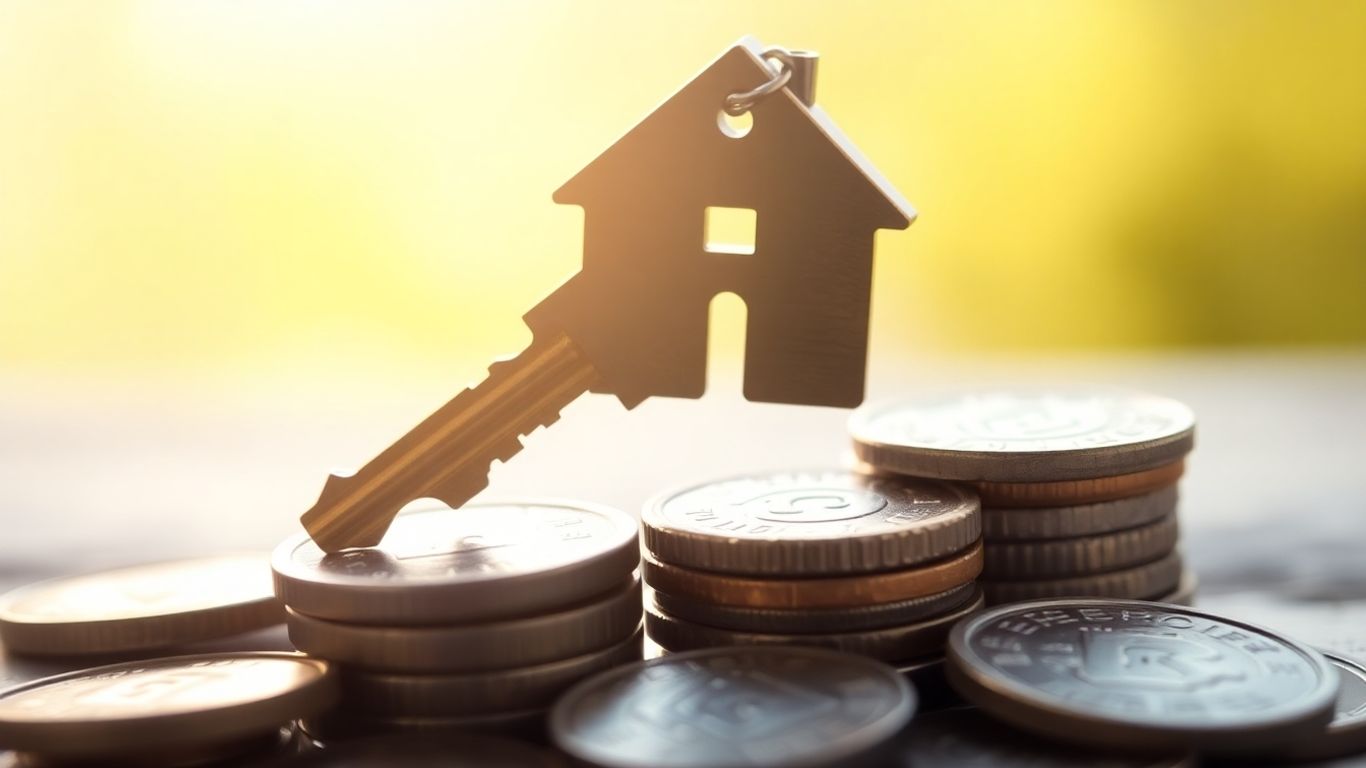 House key on coins, symbolizing mortgage savings.