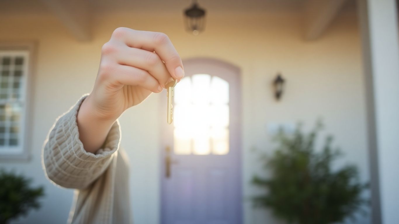 Homeowner with key, bright house doorway, financial opportunity