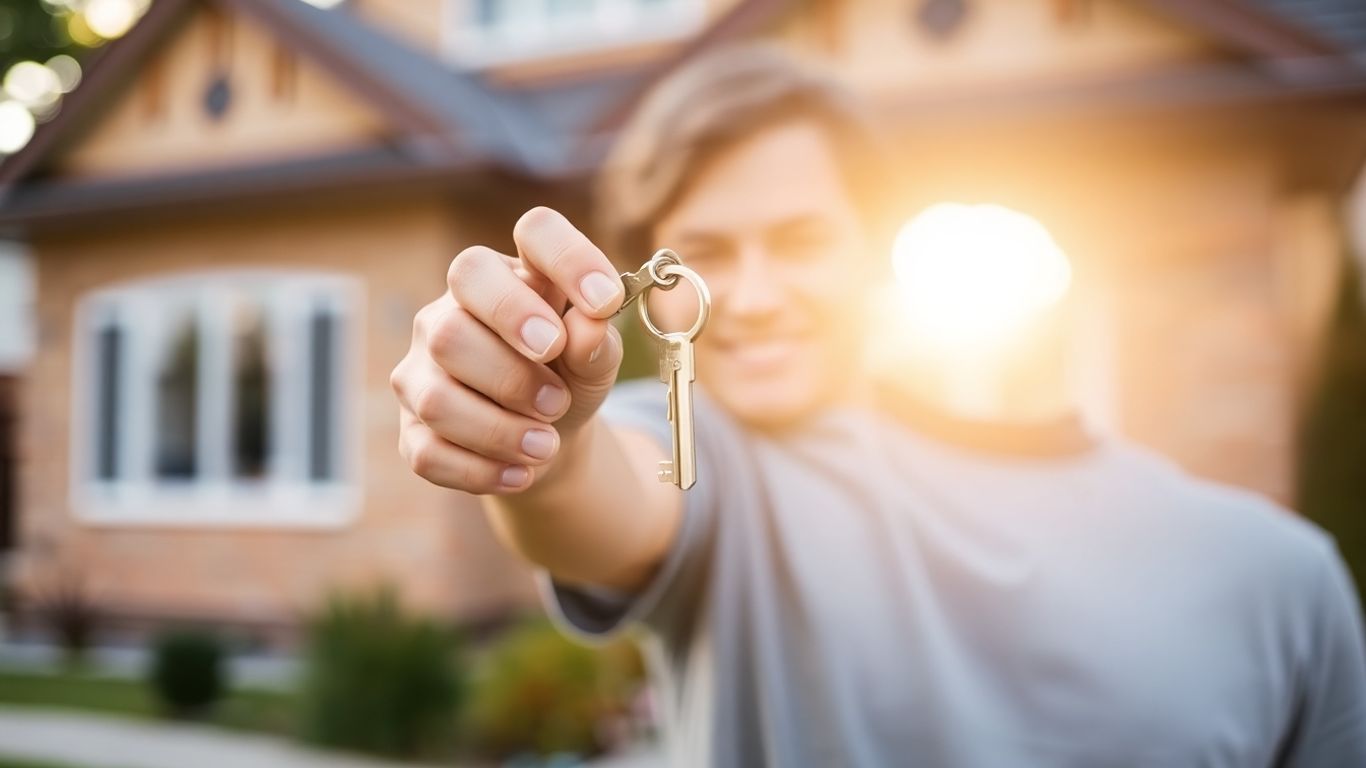 Happy homeowner with house key, financial opportunity.