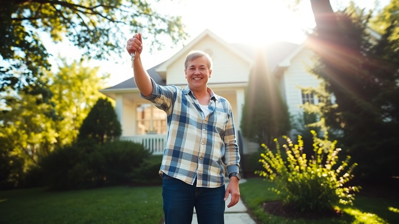 Homeowner with keys, house, sunlight, path to door.