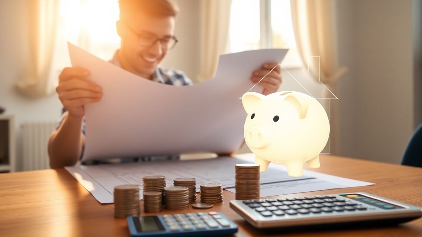Homeowner with piggy bank and house plans.