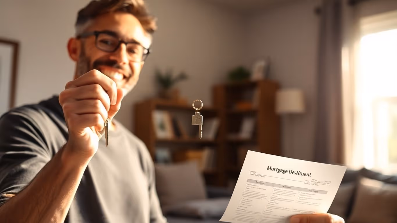 Homeowner with house key and mortgage document.