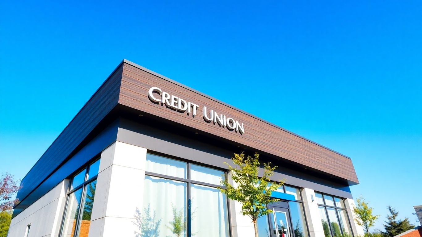 Pentagon Federal Credit Union building exterior with blue sky.